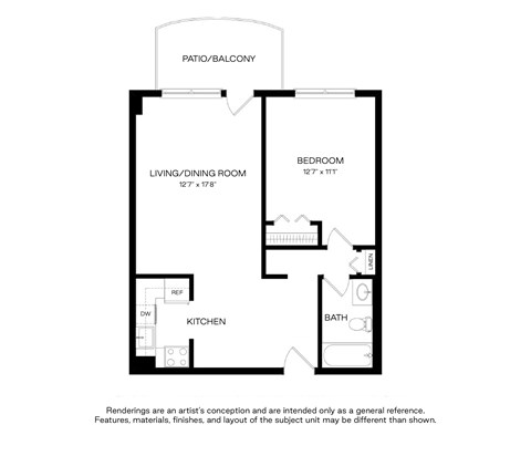 Floor plan for 1 bed, 1 bath, 708 sqft